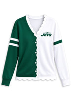 Women's New York Jets Color Block Scalloped Trim V-Neck Button Cardigan