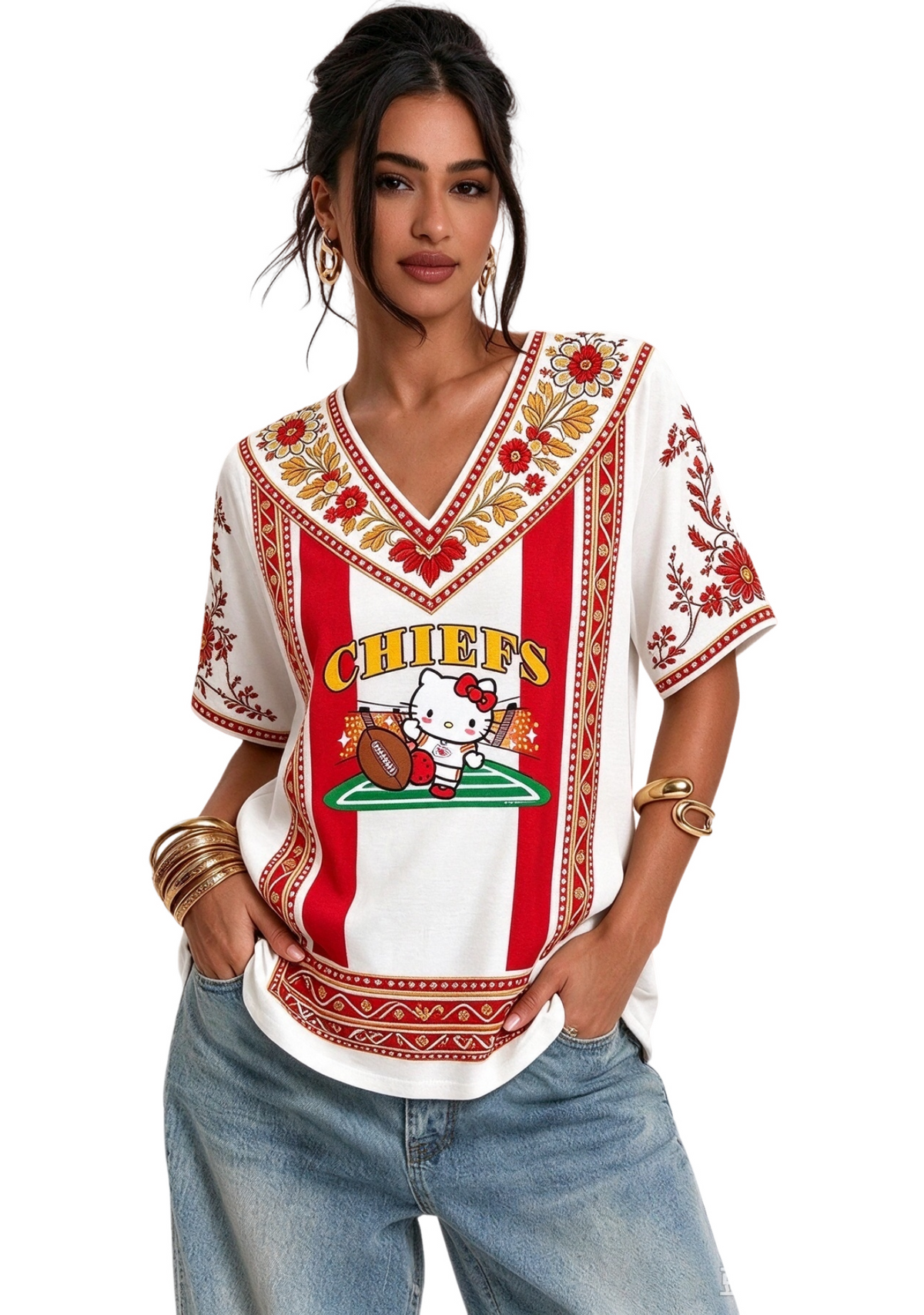 Women's Boho Floral Kansas City Chiefs Hello Kitty Game Day V Neck Shirt Main image