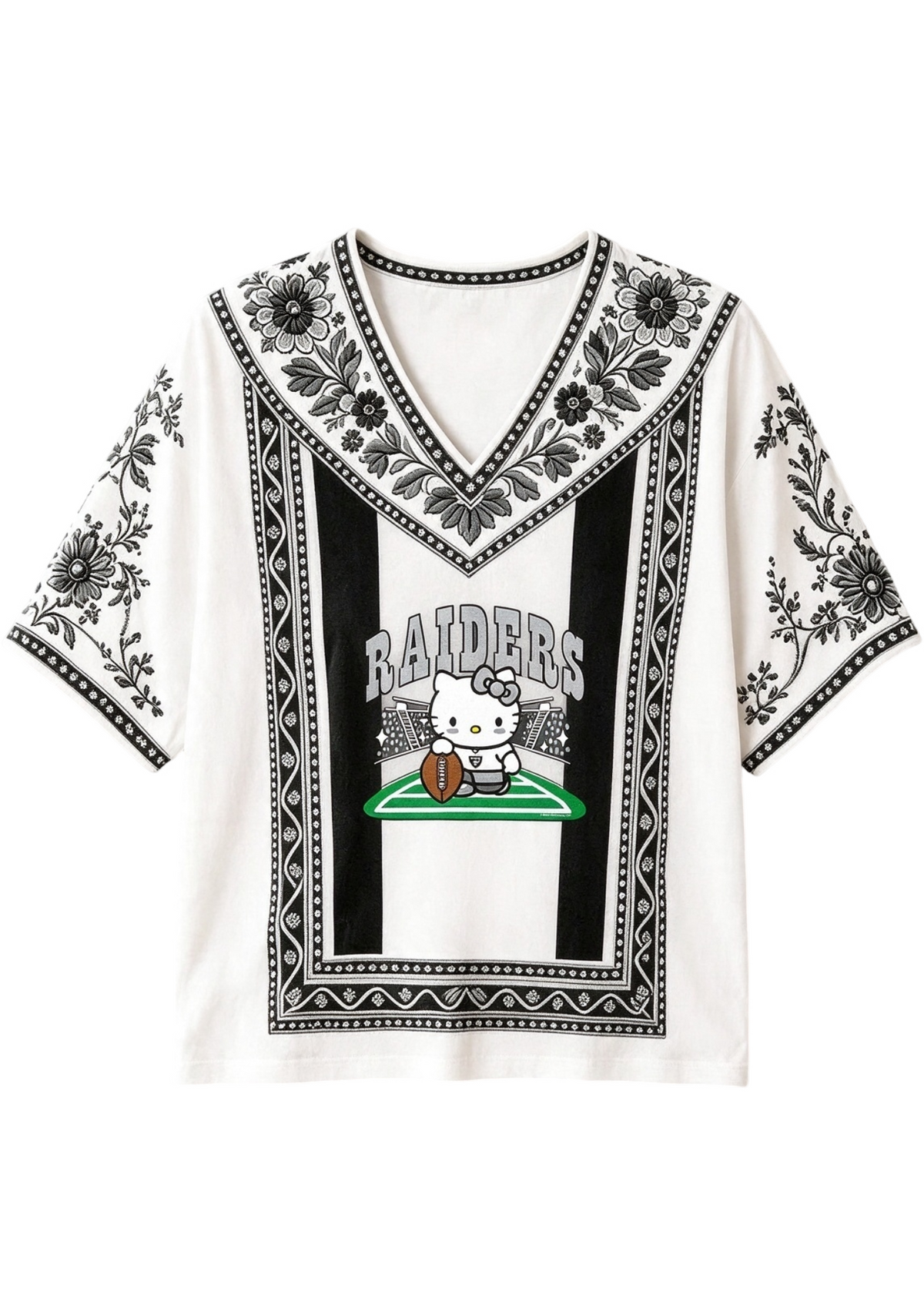 Women's Boho Floral Las Vegas Raiders Hello Kitty Game Day V Neck Shirt