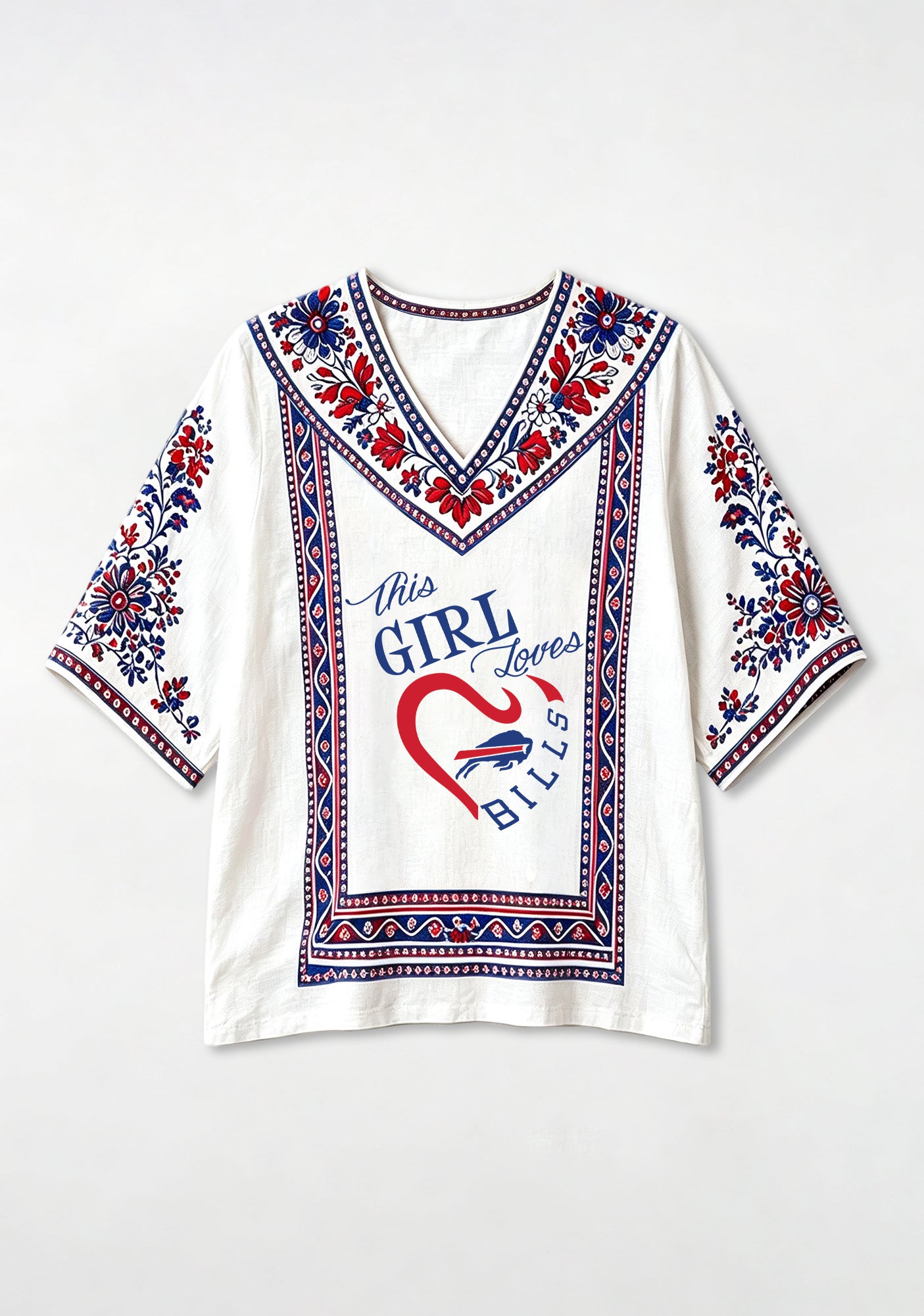 Boho Floral Border Buffalo Bills V-Neck Blouse Secondary image