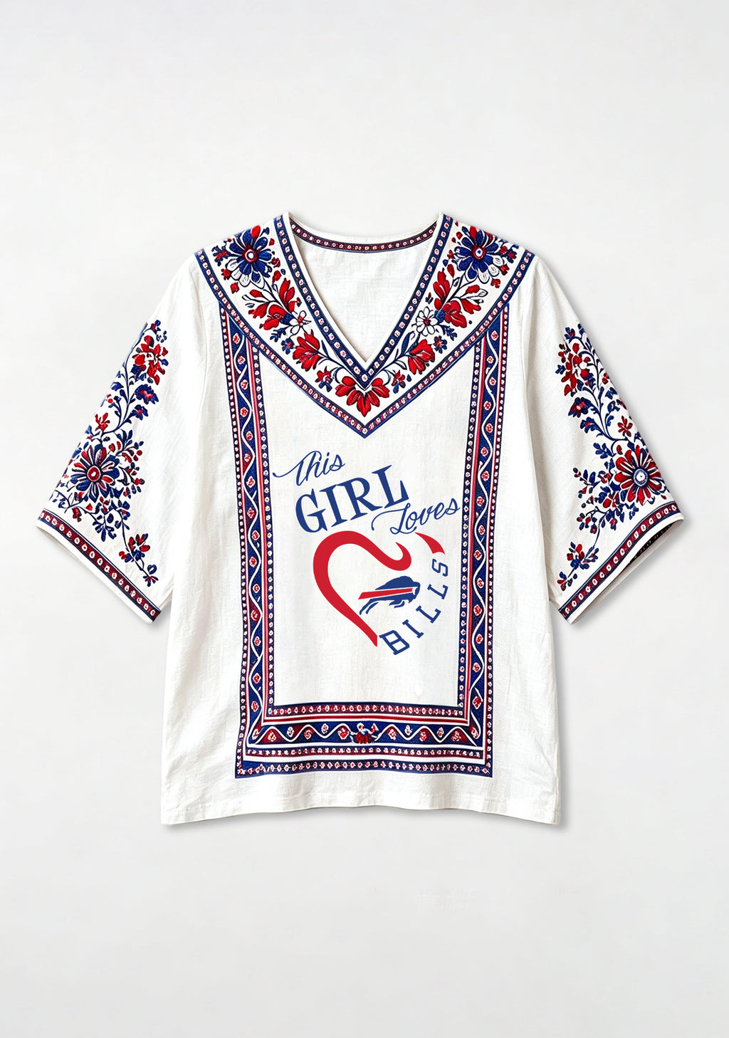 Boho Floral Border Buffalo Bills V-Neck Blouse