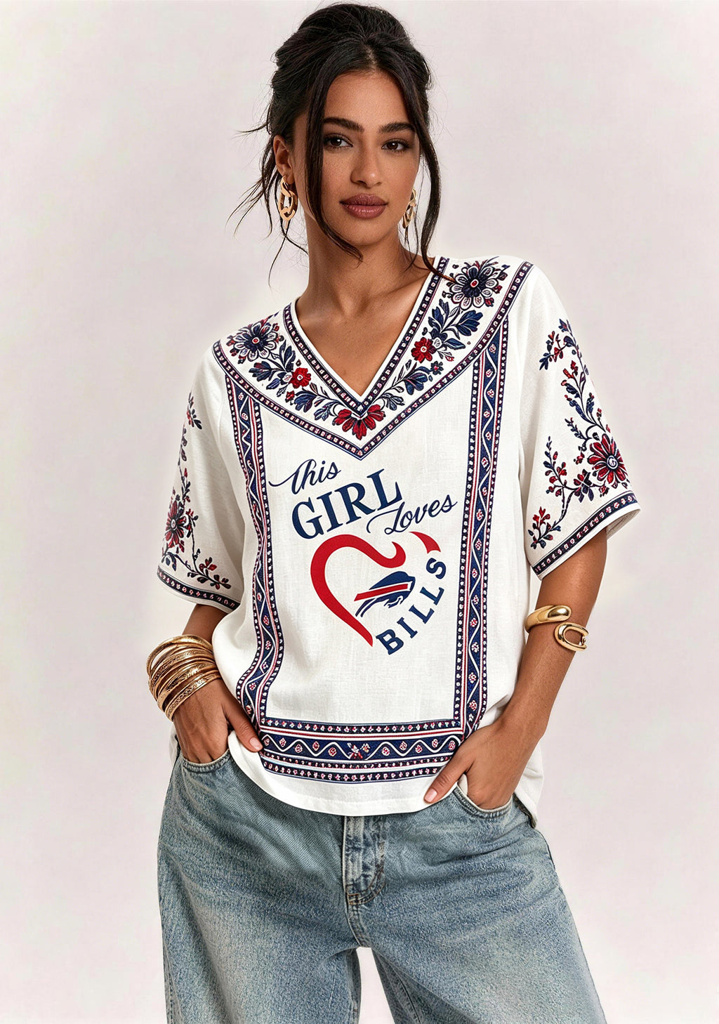 Boho Floral Border Buffalo Bills V-Neck Blouse