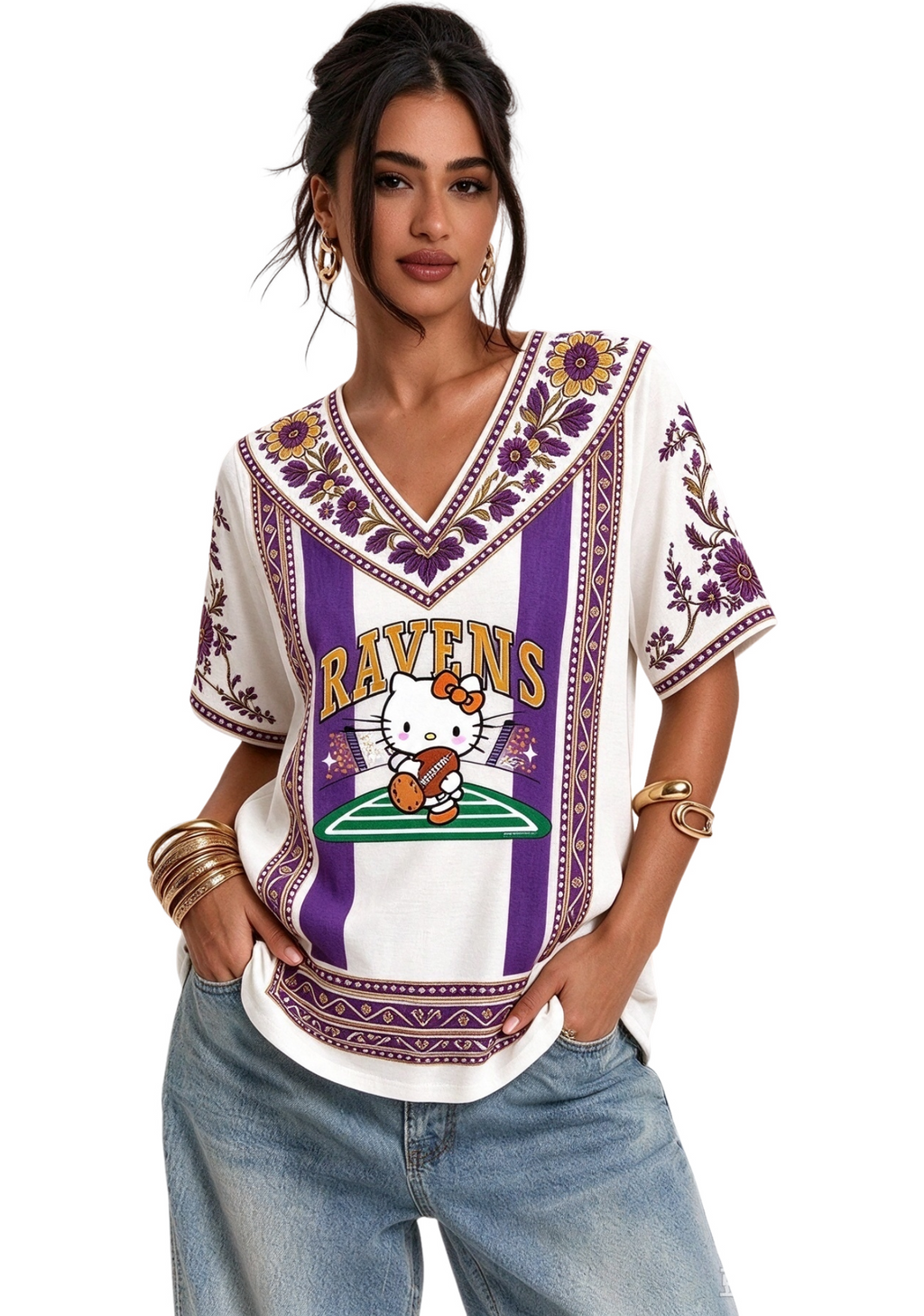 Women's Boho Floral Ravens Hello Kitty Game Day V Neck Shirt