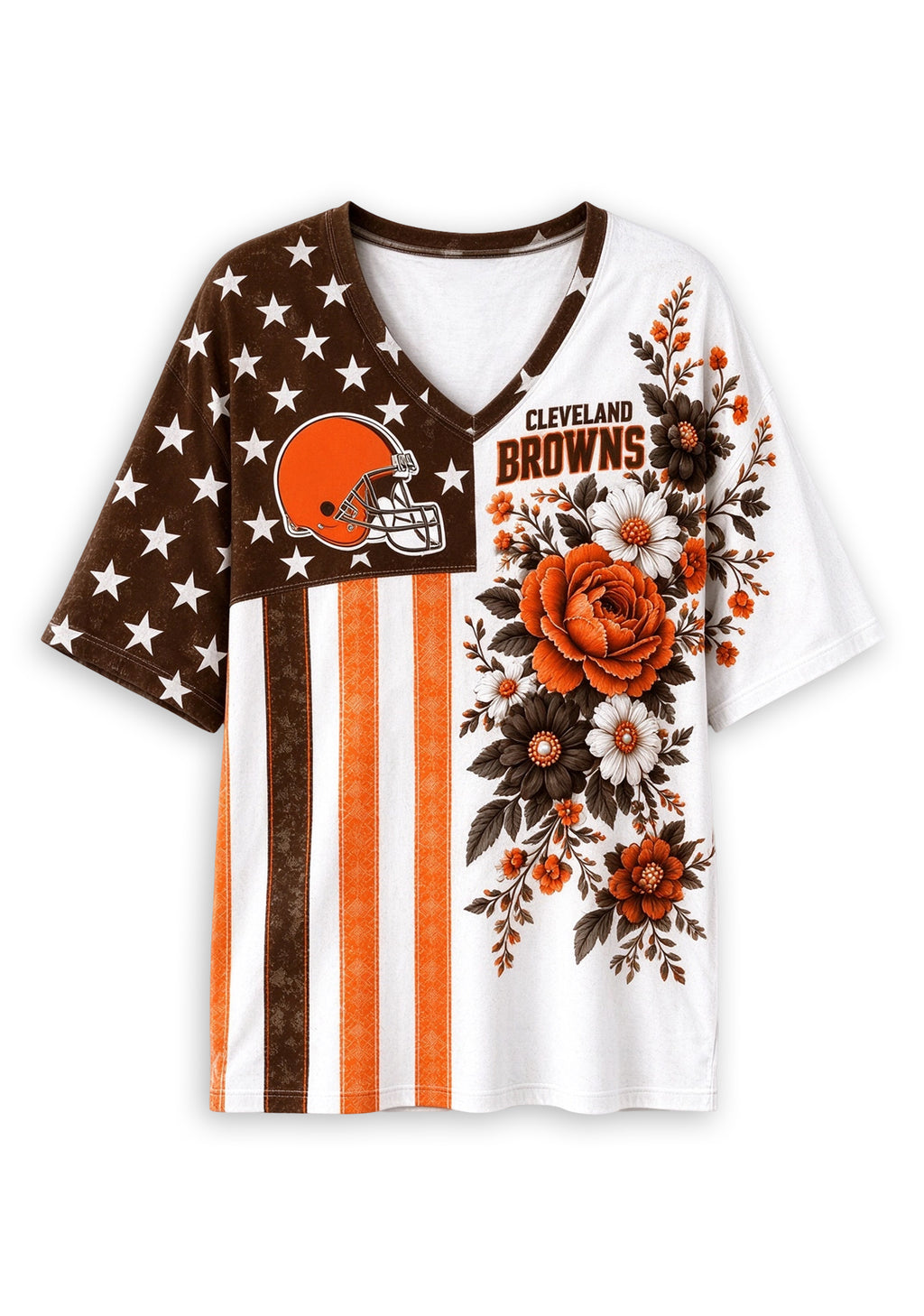 Women's Cleveland Browns American Flag Floral V-Neck T-Shirt