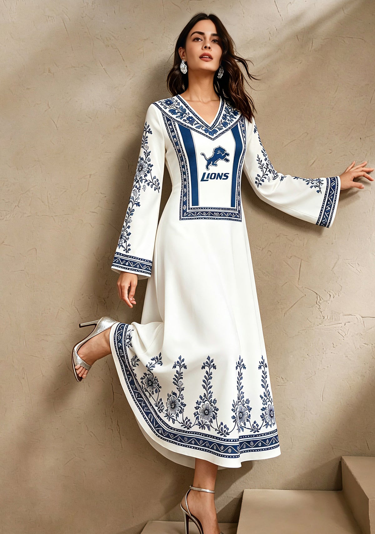 Detroit Lions Boho Floral Printed Game‑Day Midi Dress Main image