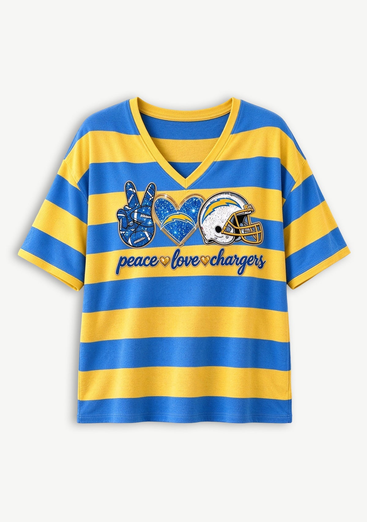 Women's Peace Love Los Angeles Chargers Football Striped V Neck T-Shirt