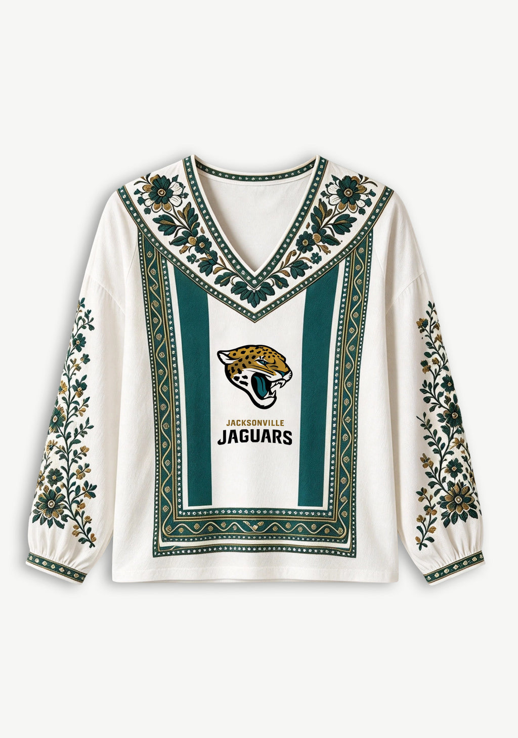 Jacksonville Jaguars Floral Ethnic Printed V-Neck Long Sleeve Shirt