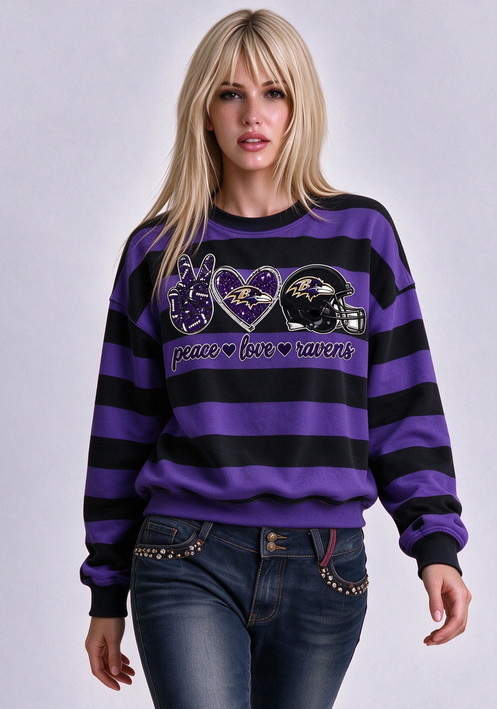 Women's Peace Love Baltimore Ravens Striped Crewneck Sweatshirt