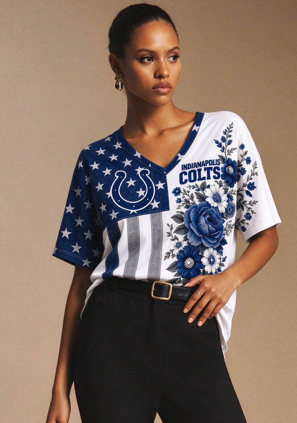 Women's Indianapolis Colts American Flag Floral V-Neck T-Shirt