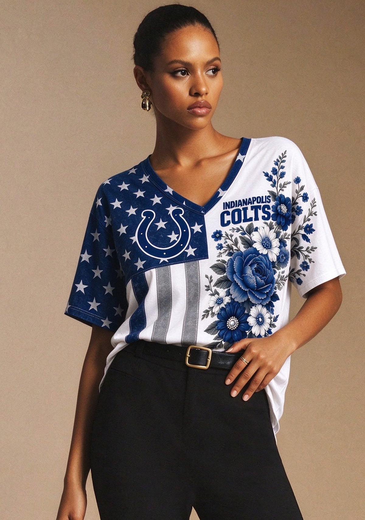 Women's Indianapolis Colts American Flag Floral V-Neck T-Shirt