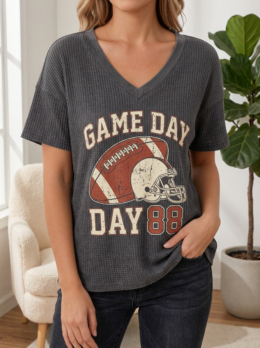 Women's Football Game Day 88 Helmet Printed Waffle Knit Top