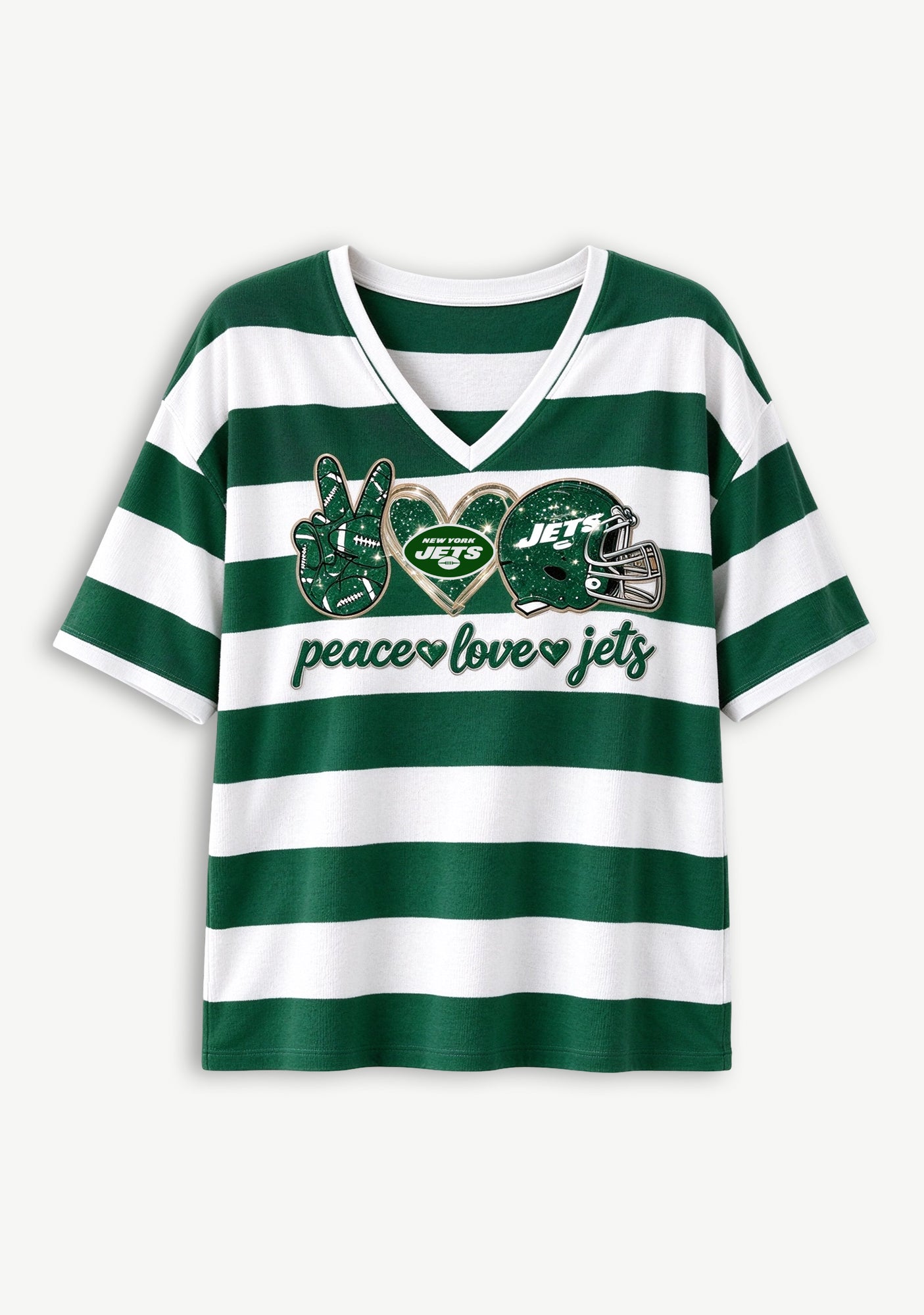 Women's Peace Love New York Jets Football Striped V Neck T-Shirt Secondary image