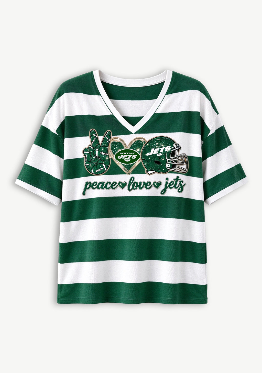 Women's Peace Love New York Jets Football Striped V Neck T-Shirt