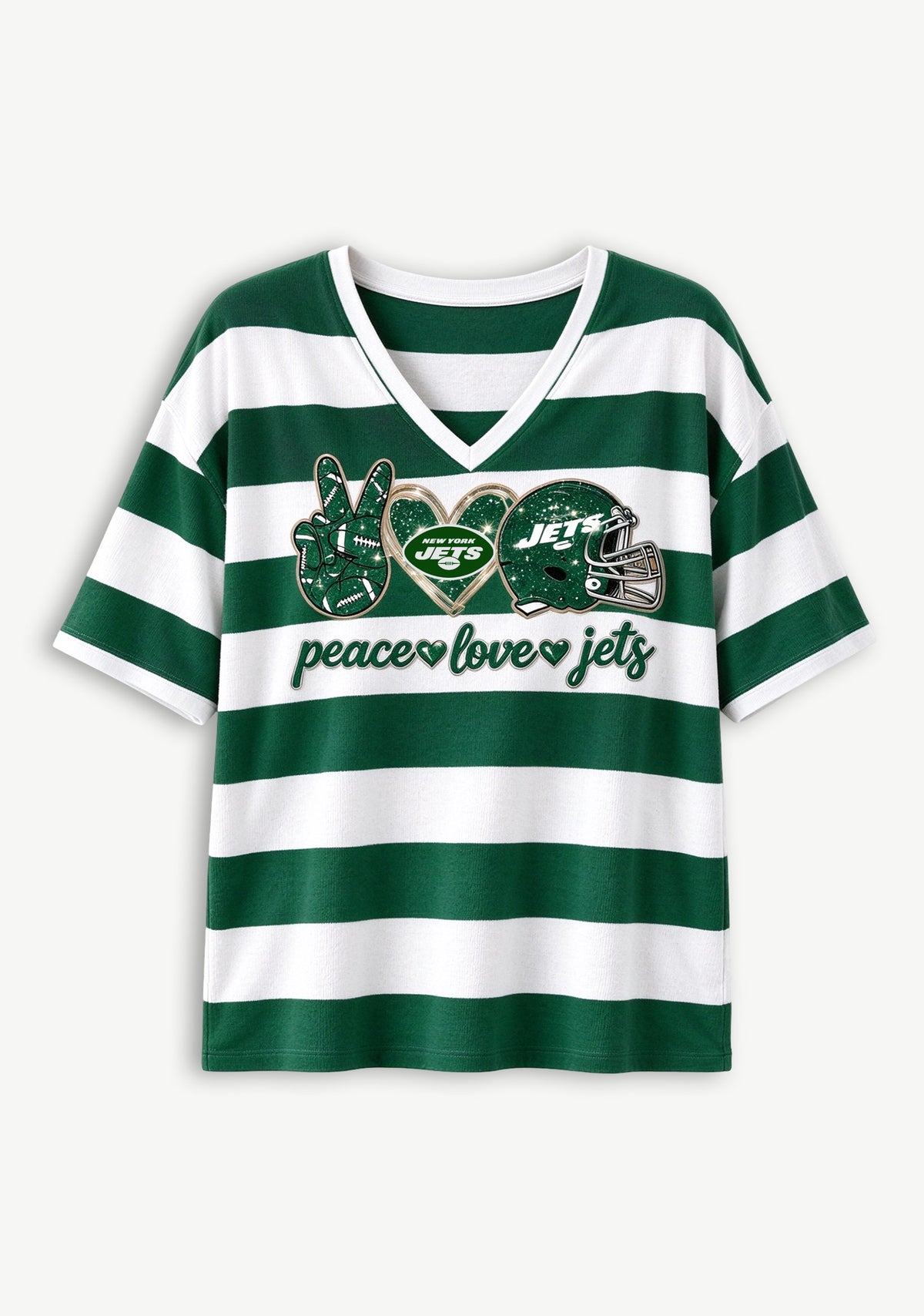 Women's Peace Love New York Jets Football Striped V Neck T-Shirt