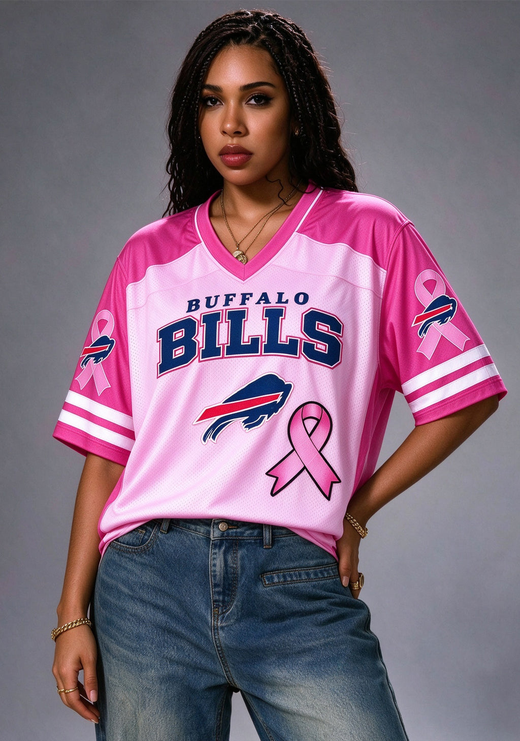 Women Buffalo Bills Breast Cancer Awareness Pink Ribbon Mesh Jersey