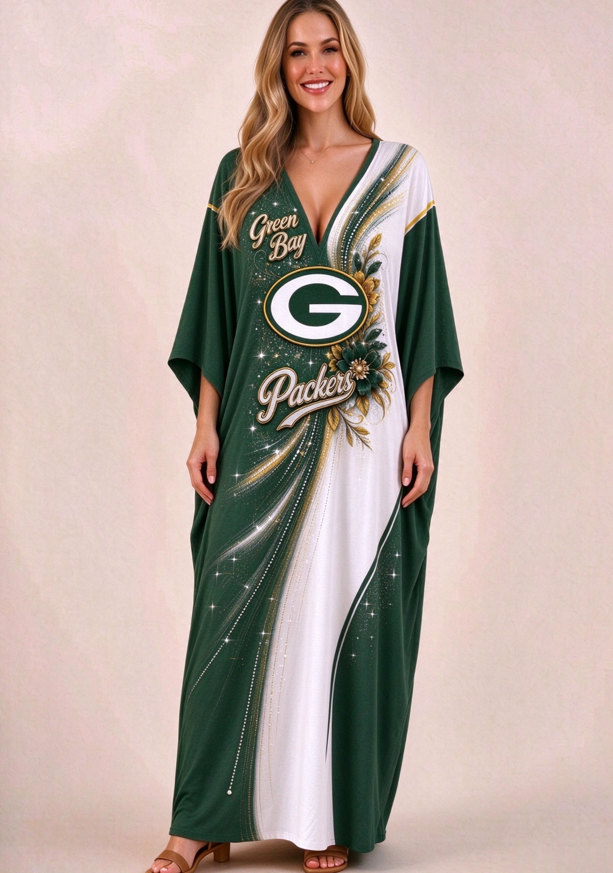 Women's Green Bay Packers Floral V-Neck Kaftan Maxi Dress Main image