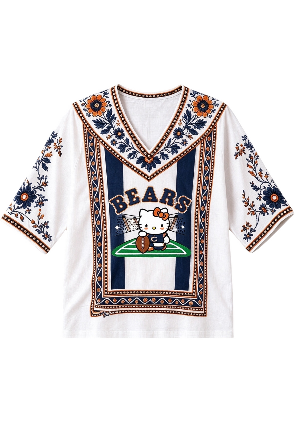Women's Boho Floral Chicago Bears Hello Kitty Game Day V Neck Shirt