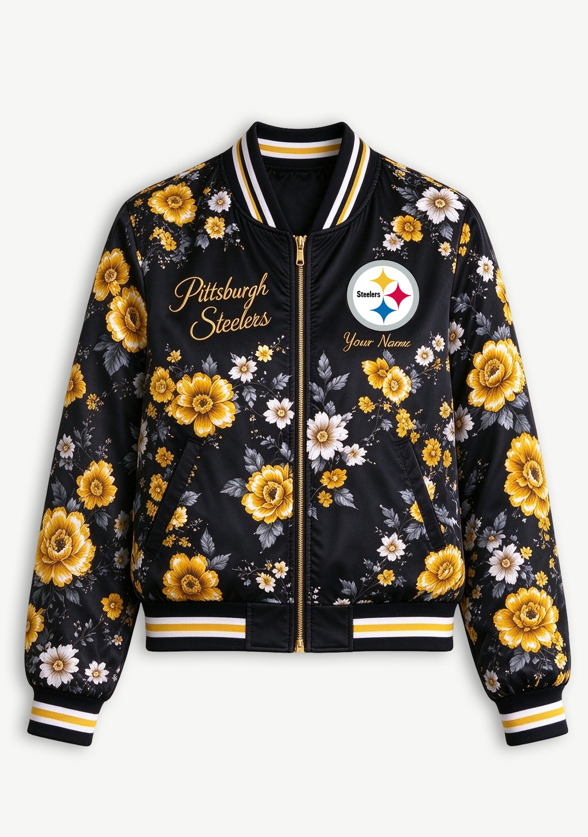 Women Pittsburgh Steelers Floral Print Zip Up Jacket Custom Name For Fan