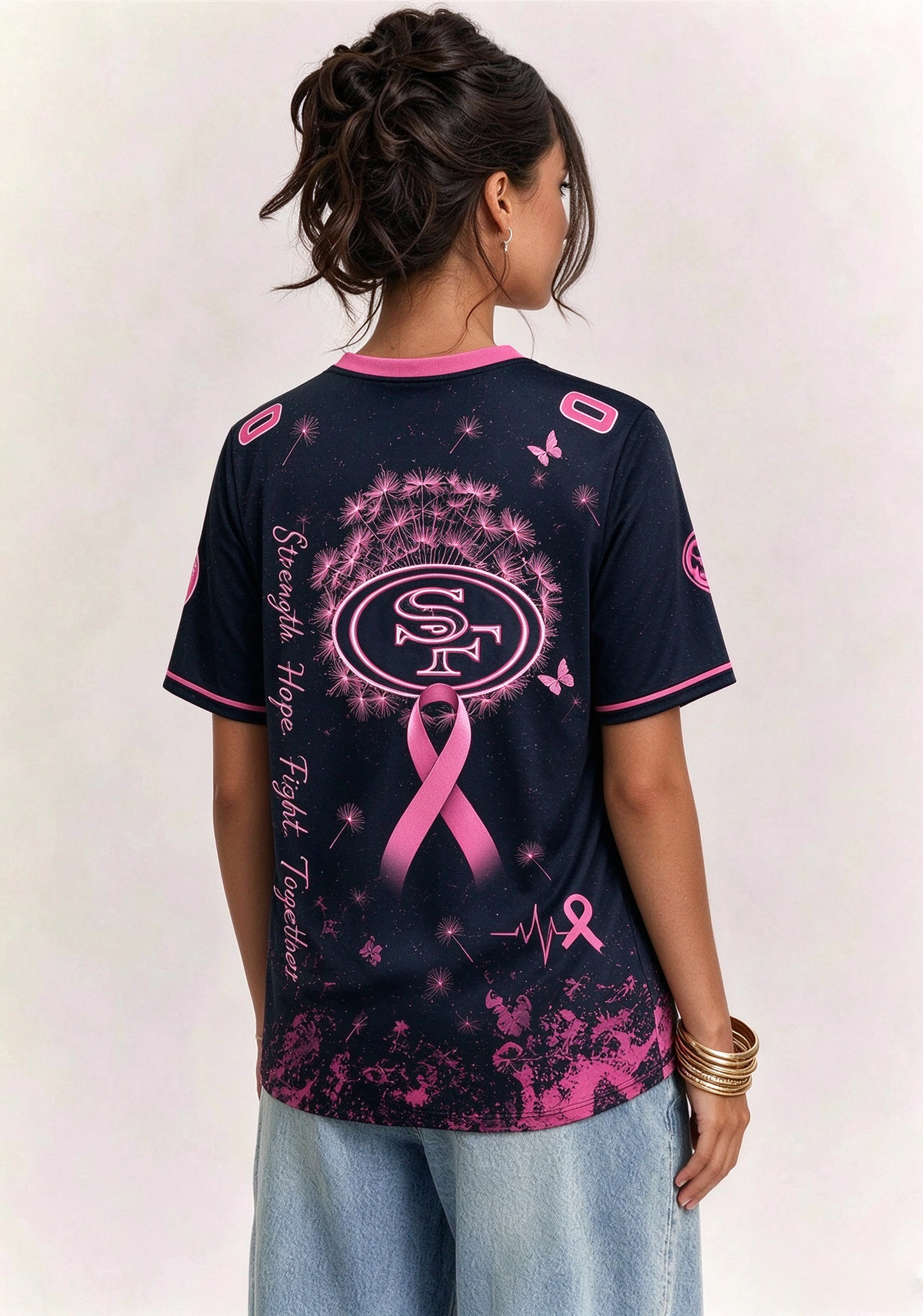San Francisco 49ers Breast Cancer Awareness Dandelion V-Neck T-Shirt