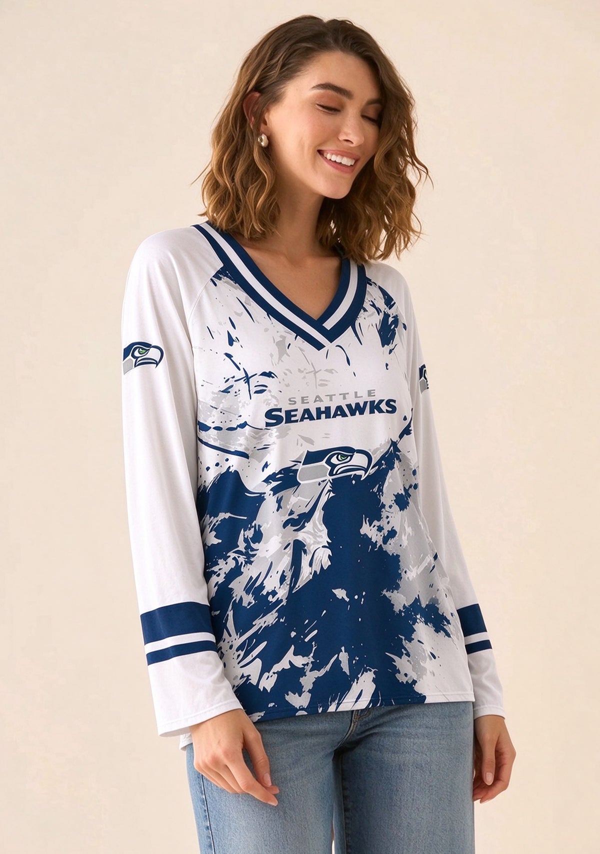 Women's Seattle Seahawks Navy Graphic V Neck Long Sleeve Shirt