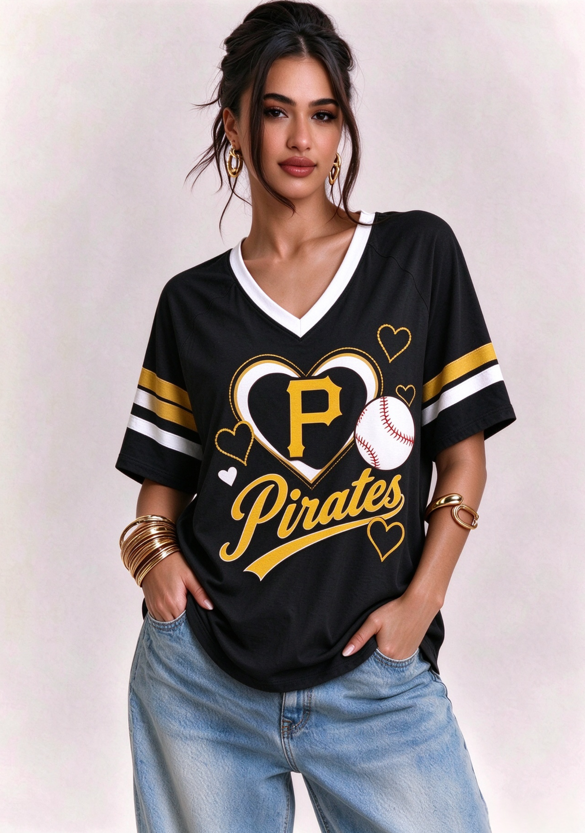 Women Pittsburgh Pirates Heart Baseball Graphic V-Neck T-Shirt
