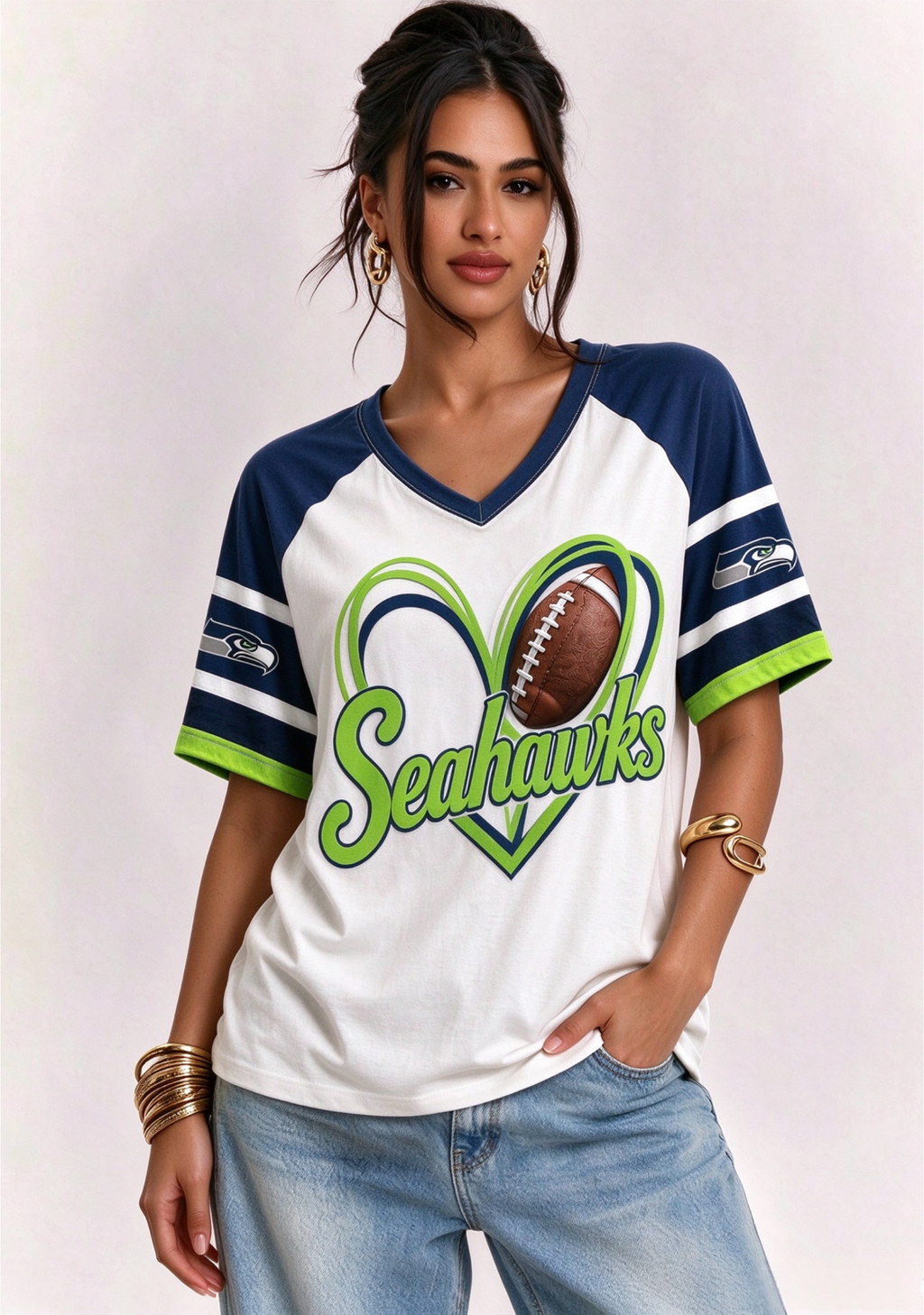 Women Seattle Seahawks Heart Graphic V-Neck Fan T-Shirt