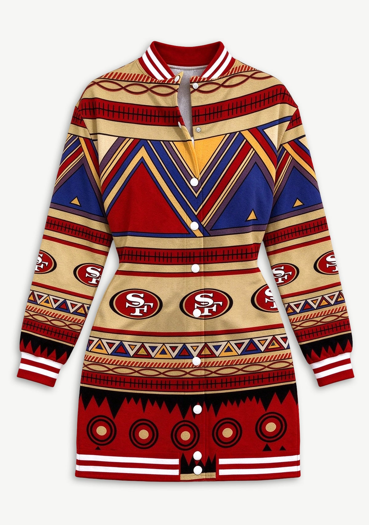 Women's San Francisco 49ers Tribal Geometric Pattern Button Down Jacket Dress