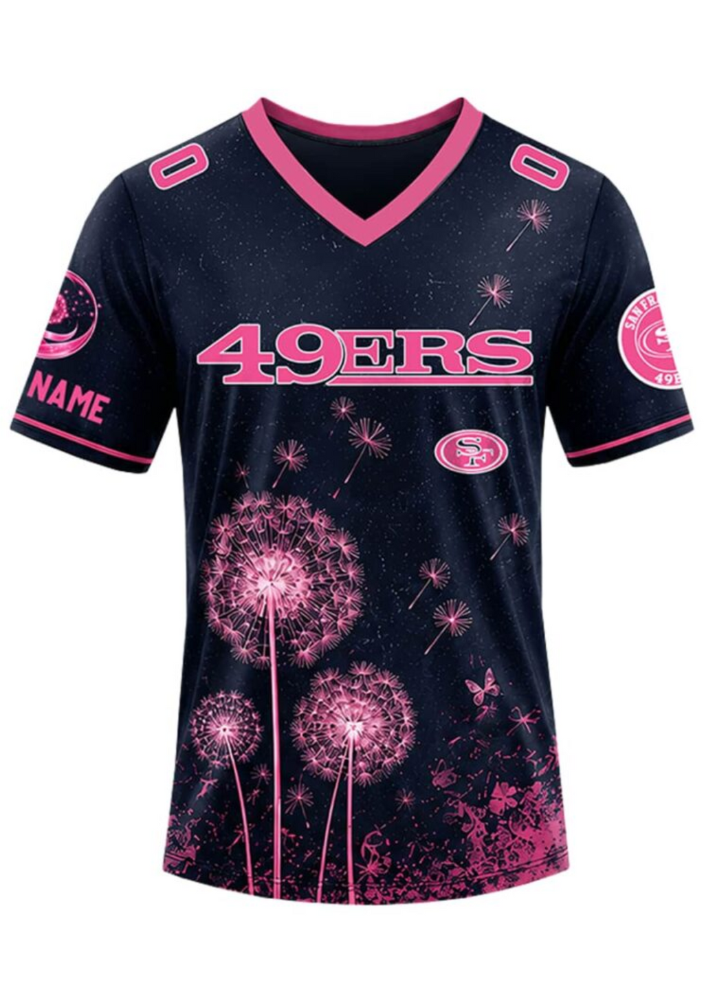San Francisco 49ers Breast Cancer Awareness Dandelion V-Neck T-Shirt
