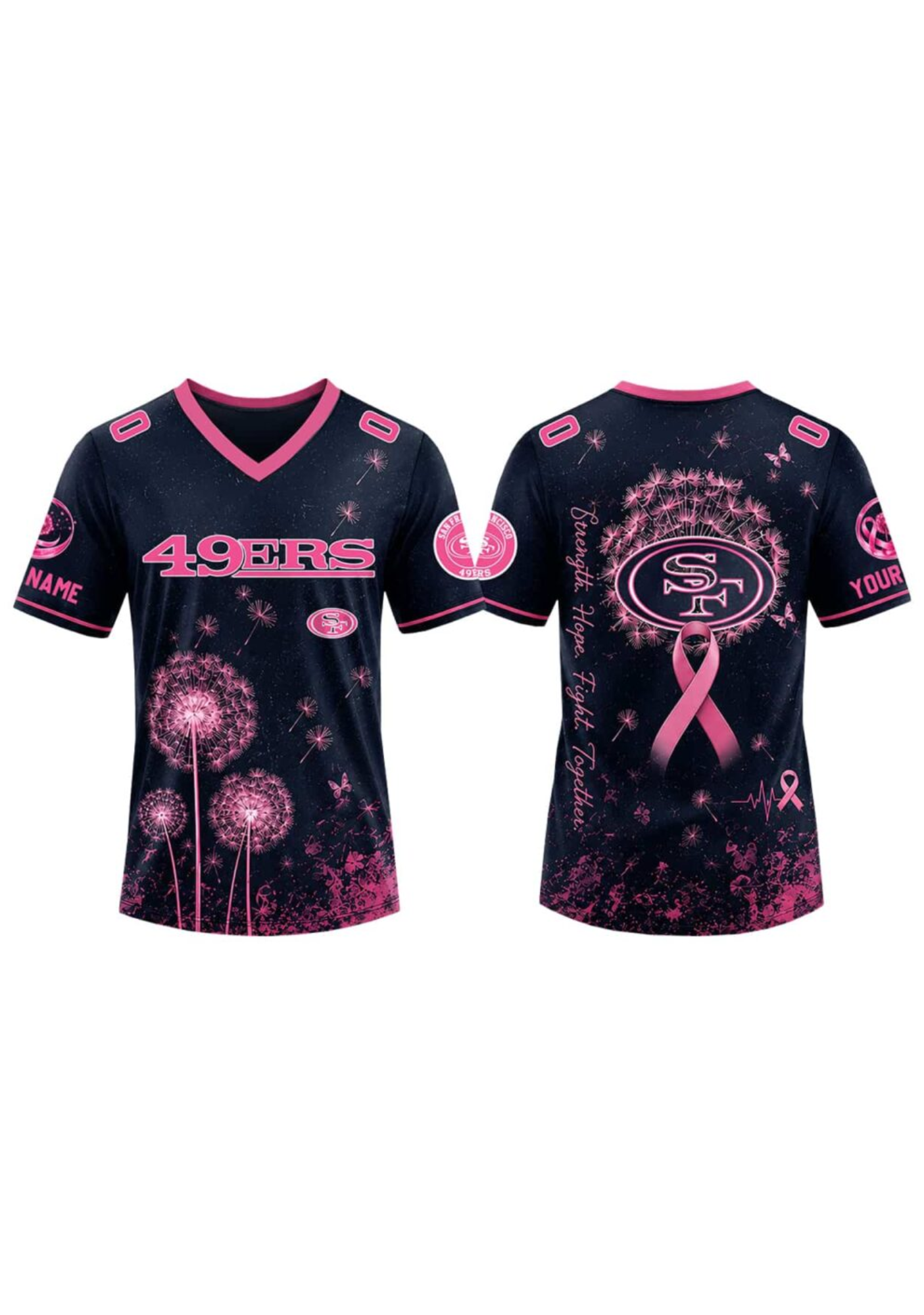 San Francisco 49ers Breast Cancer Awareness Dandelion V-Neck T-Shirt Secondary image