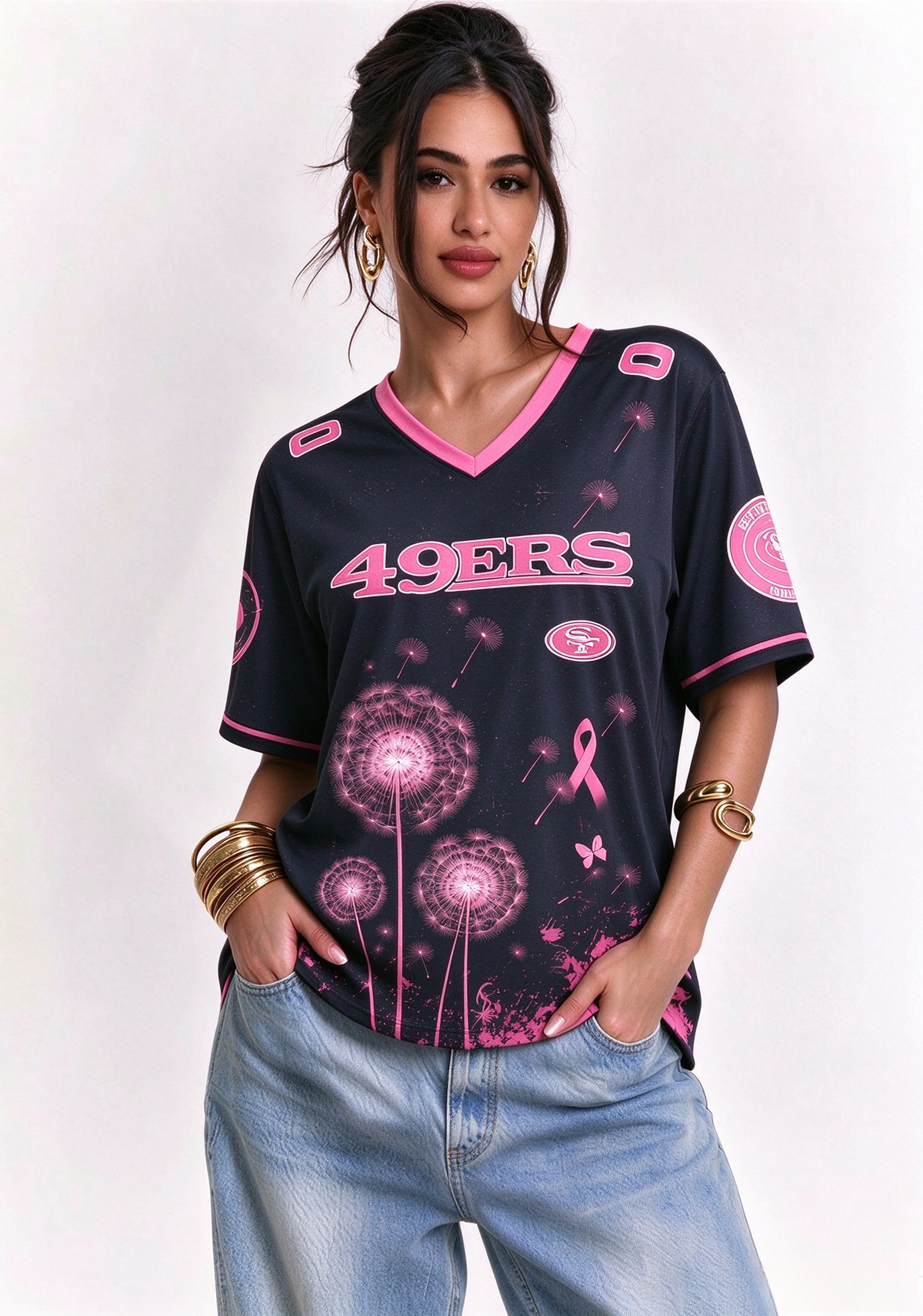 San Francisco 49ers Breast Cancer Awareness Dandelion V-Neck T-Shirt Main image