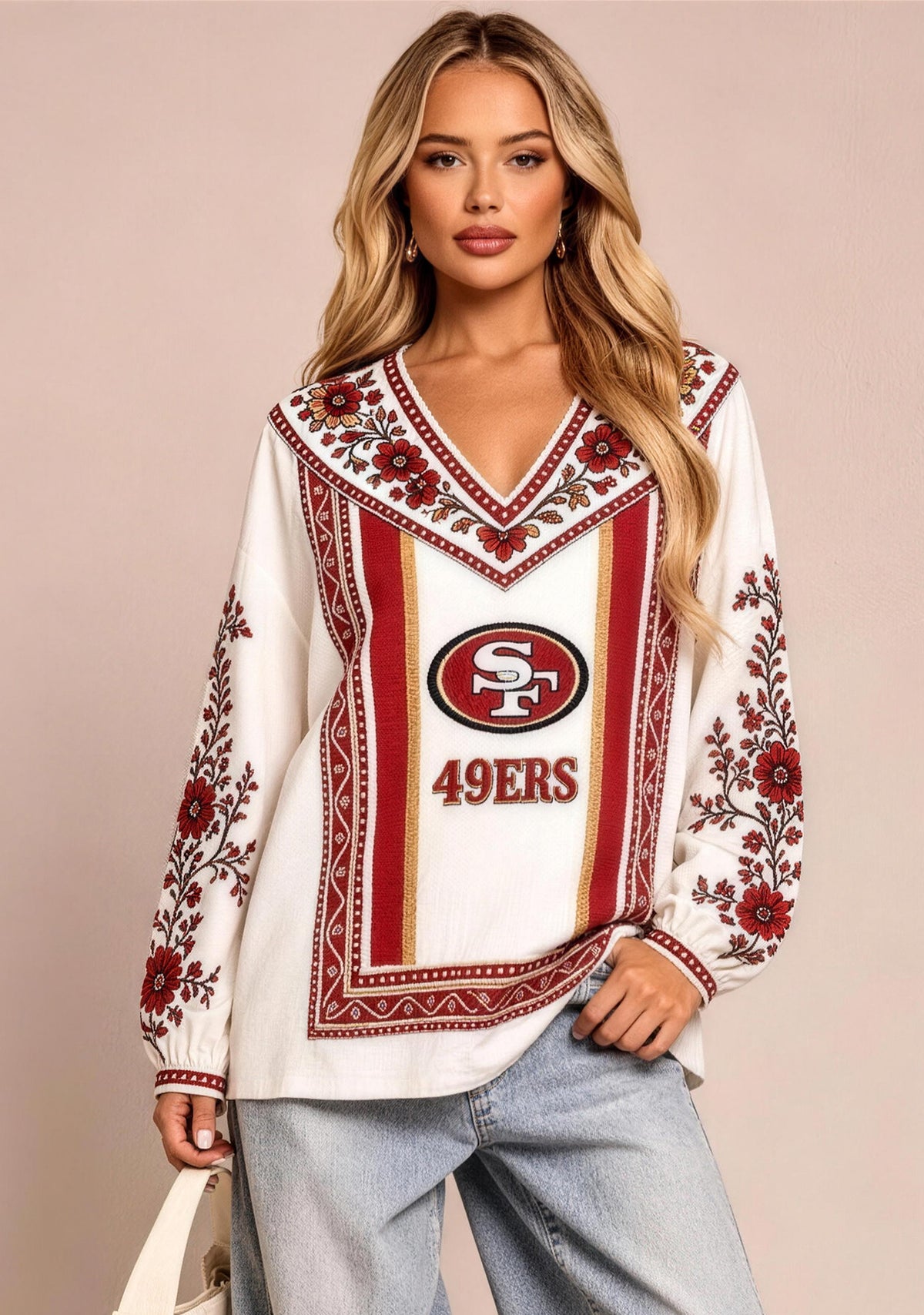 Women's San Francisco 49ers Boho Floral Printed V-Neck Long Sleeve Shirt Main image