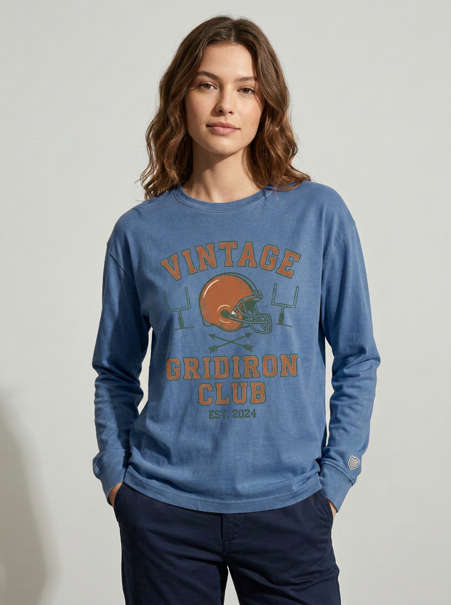 Women's Football Fan Vintage Gridiron Club Helmet Printed Long Sleeve T-Shirt