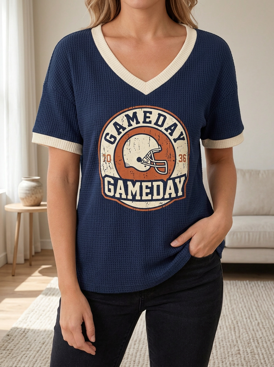 Women's Football Fan Gameday Helmet Graphic Printed Waffle Top