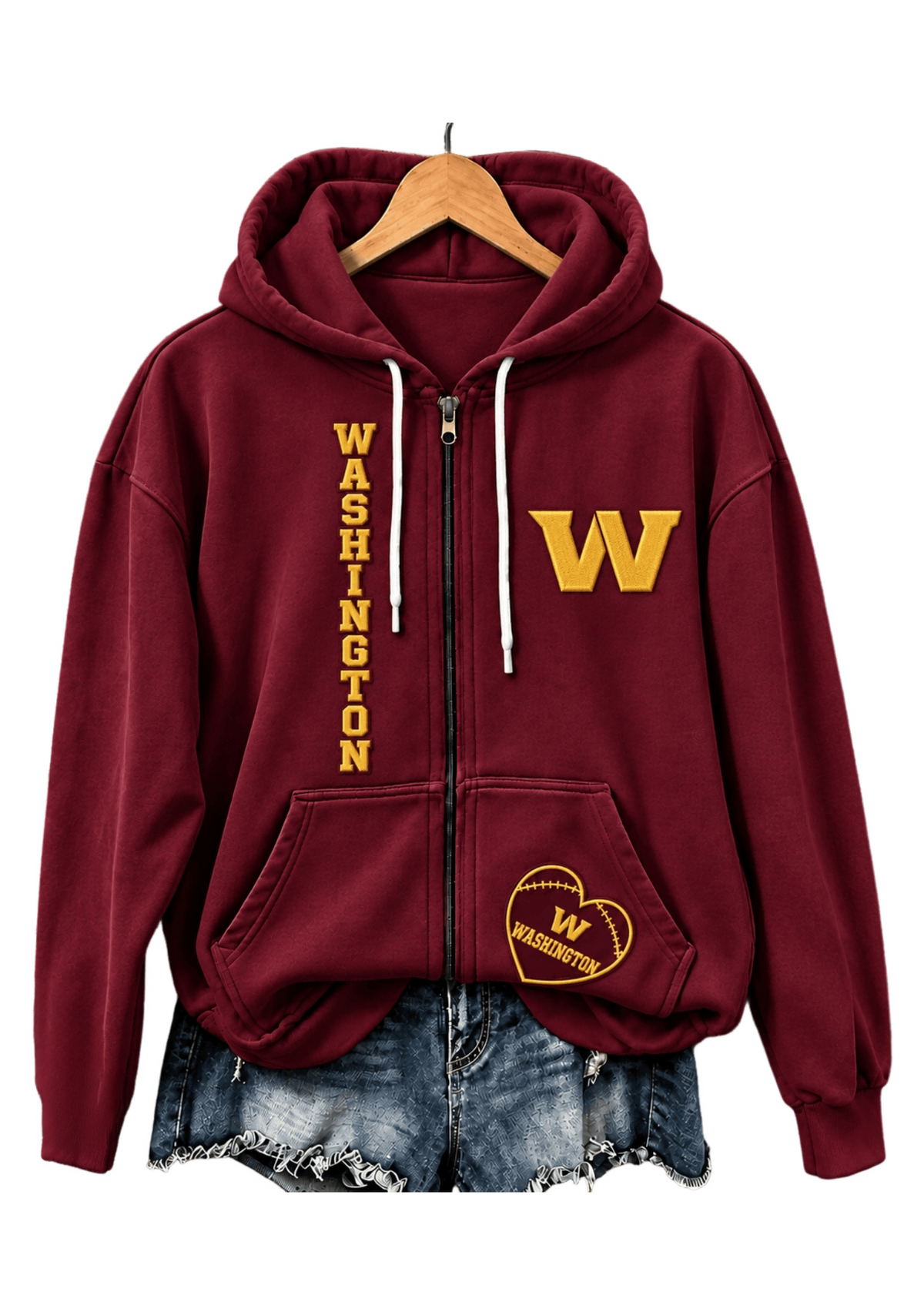 Washington Commanders Women Heart Football Graphic Zip Up Hoodie