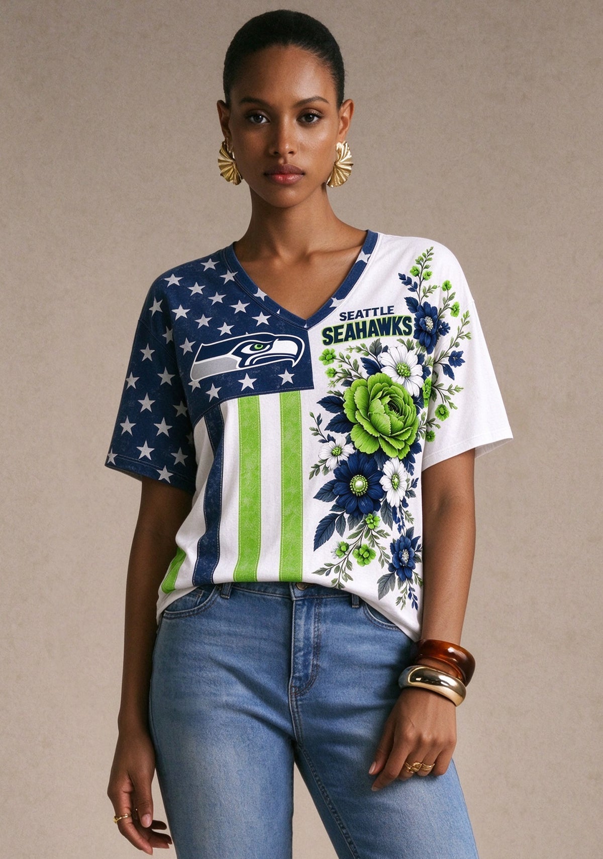 Women's Seattle Seahawks American Flag Floral V-Neck T-Shirt Main image