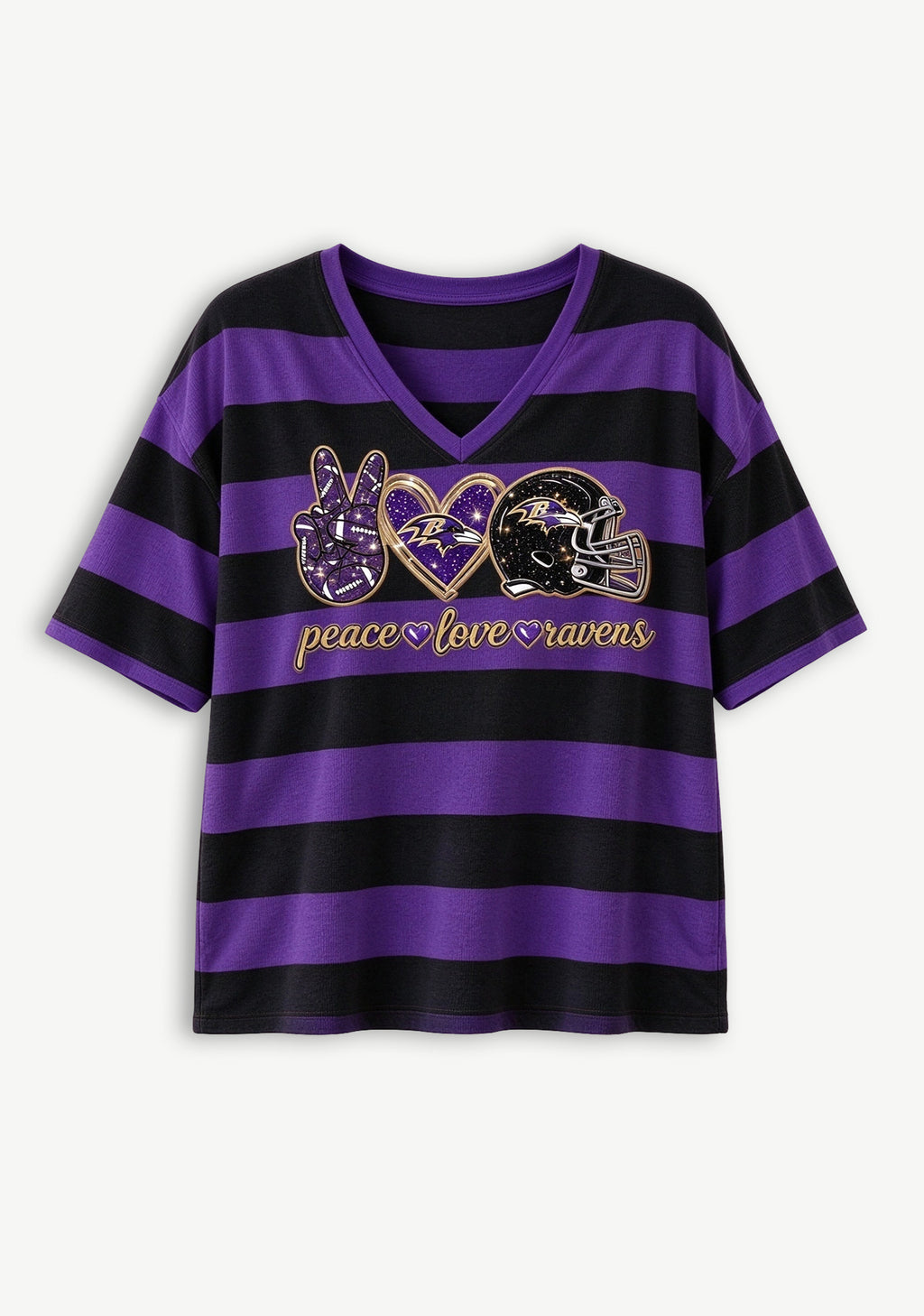 Women's Peace Love Baltimore Ravens Football Striped V Neck T-Shirt