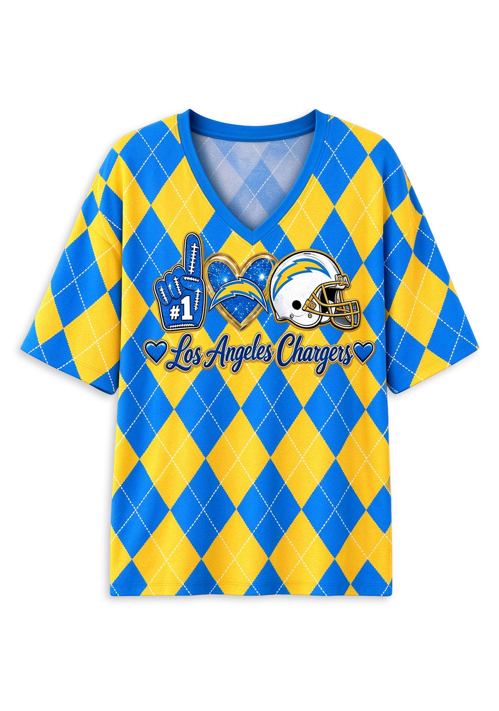 Women's Los Angeles Chargers Argyle #1 Fan Heart Helmet V-Neck T-Shirt