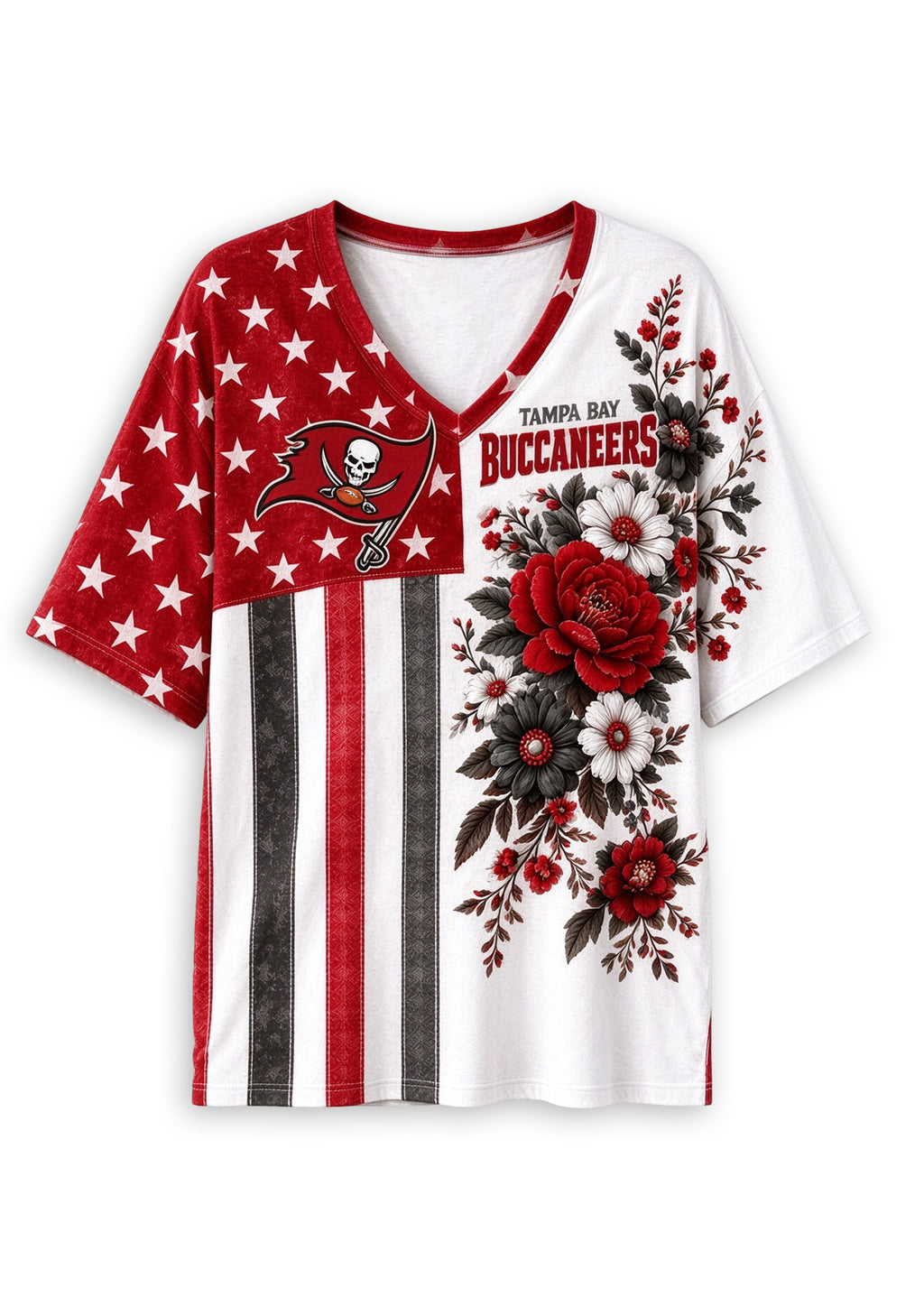 Women's Tampa Bay Buccaneers American Flag Floral V-Neck T-Shirt