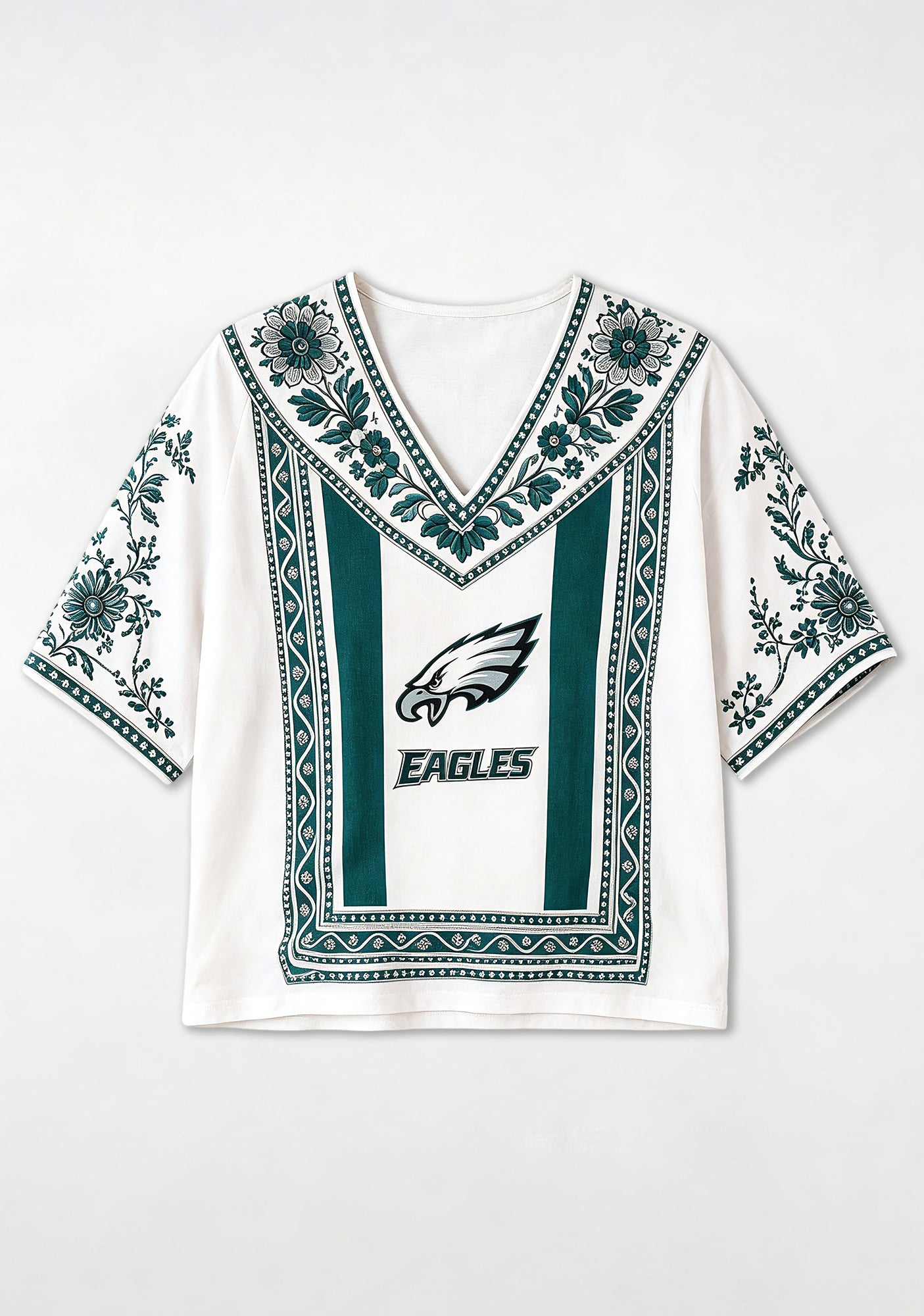 Boho Teal Floral Philadelphia Eagles V-Neck Blouse Secondary image