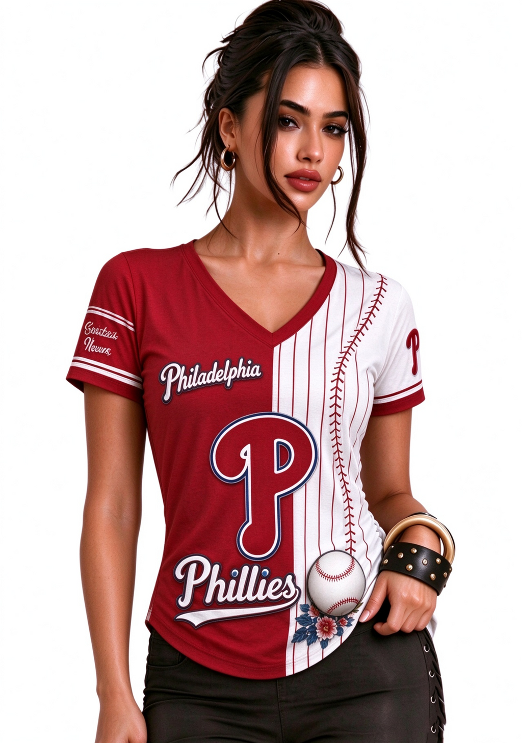 Women Philadelphia Phillies Baseball Half Striped Henley T-Shirt