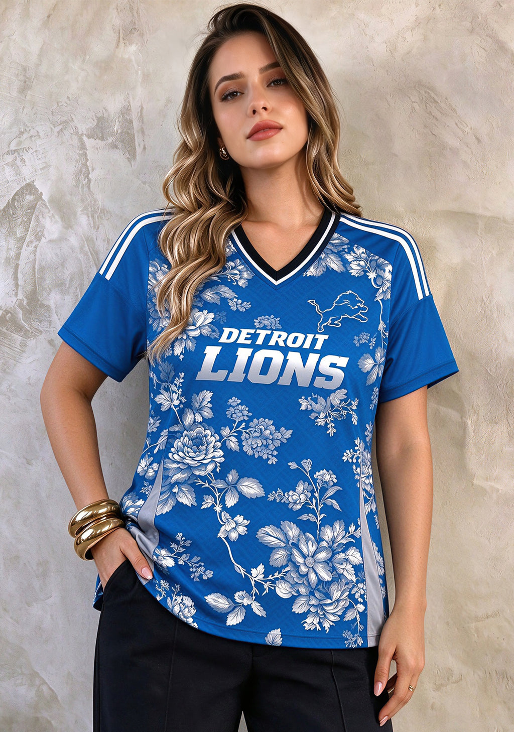 Women's Detroit Lions Floral V-Neck T Shirt