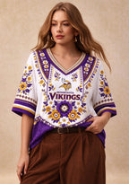 Women’s Minnesota Vikings Boho Floral V-Neck 3/4 Sleeve Shirt