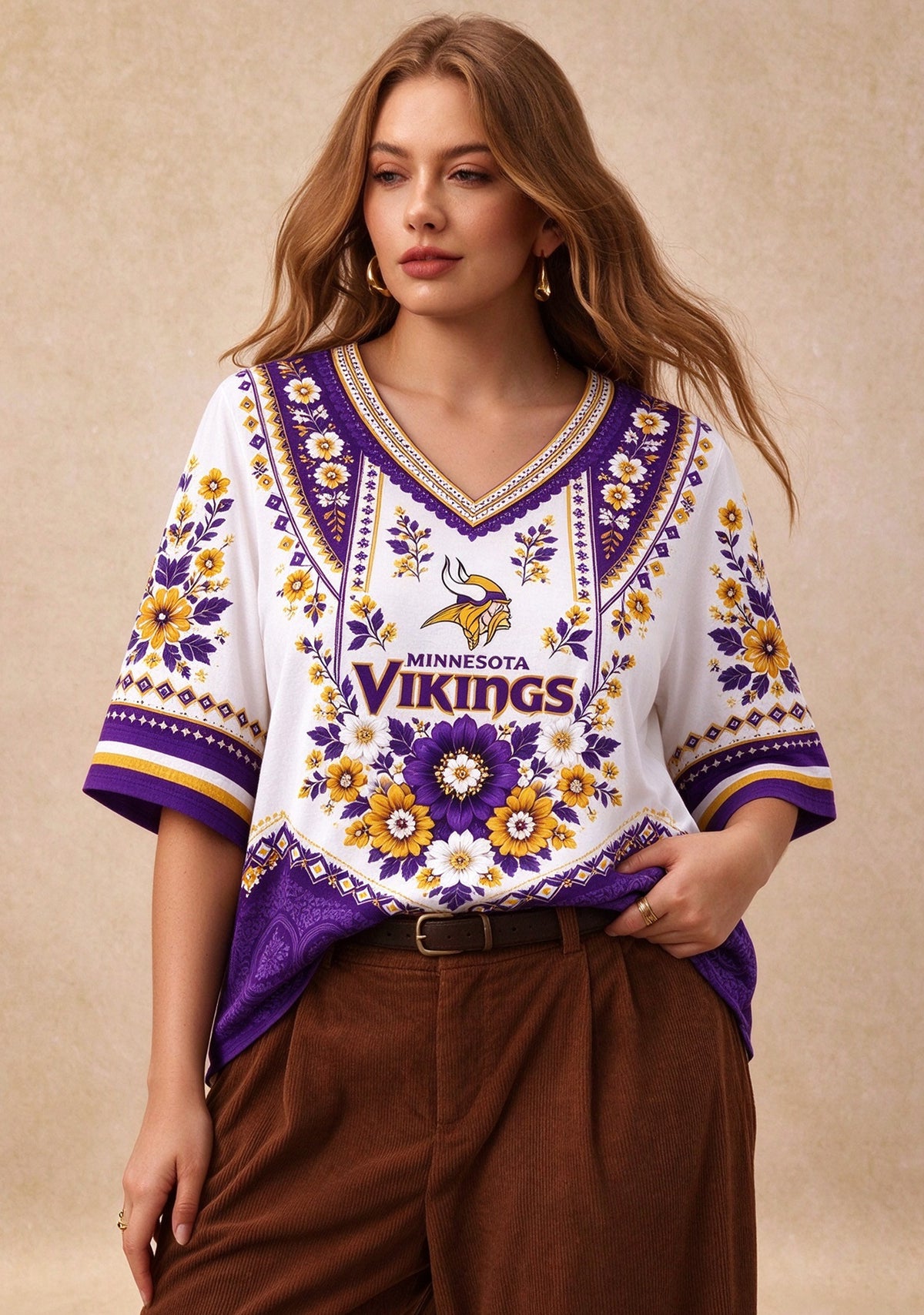 Women’s Minnesota Vikings Boho Floral V-Neck 3/4 Sleeve Shirt