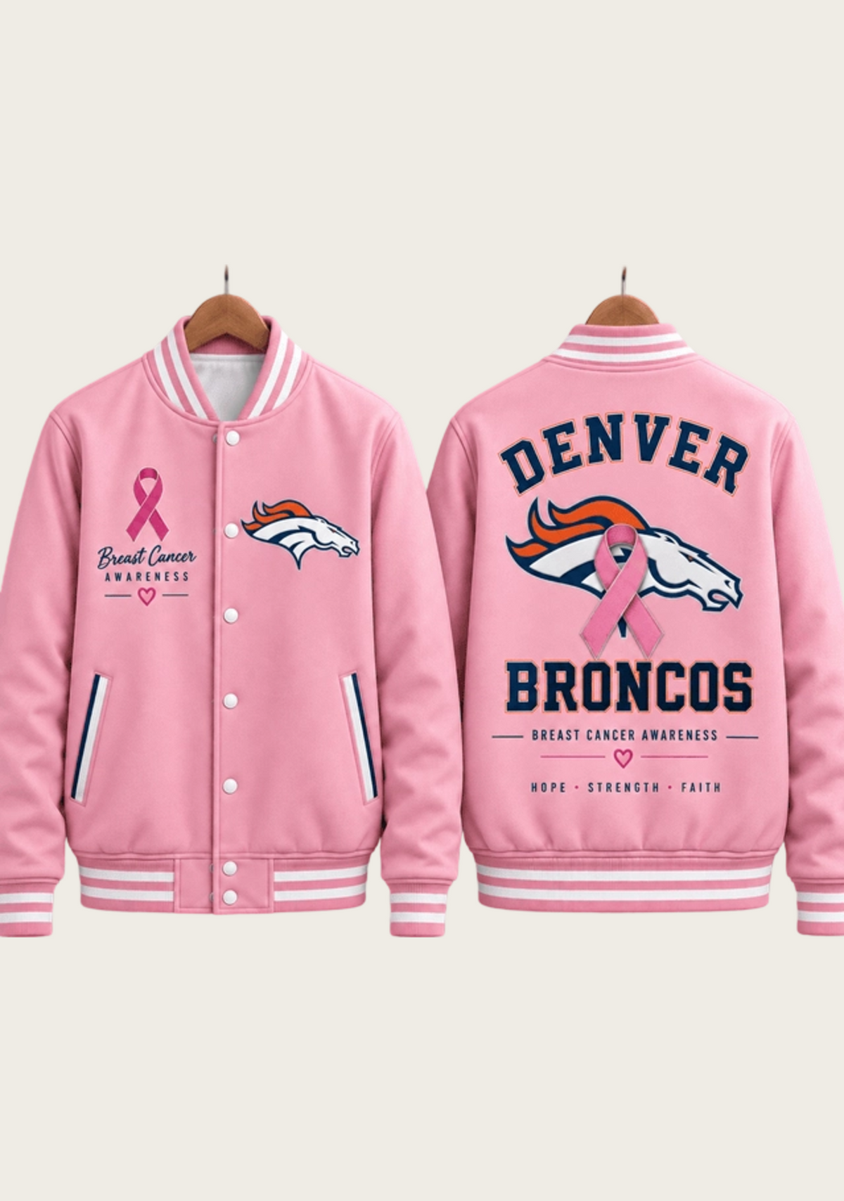 Denver Broncos Breast Cancer Awareness Pink Ribbon Varsity Jacket
