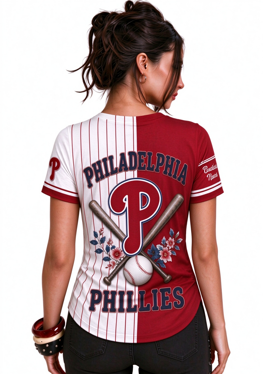 Women Philadelphia Phillies Baseball Half Striped Henley T-Shirt