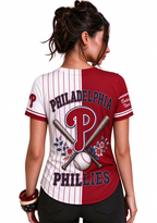 Women Philadelphia Phillies Baseball Half Striped Henley T-Shirt