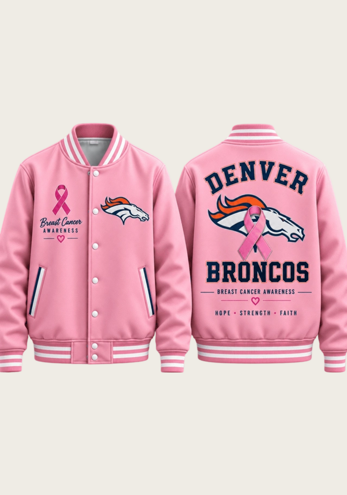 Denver Broncos Breast Cancer Awareness Pink Ribbon Varsity Jacket