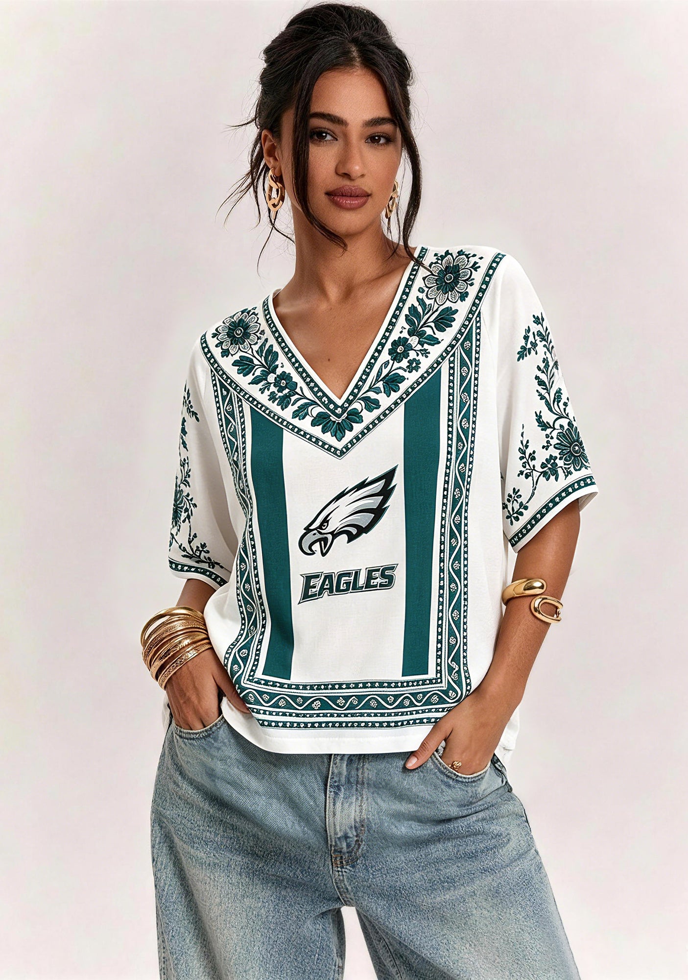 Boho Teal Floral Philadelphia Eagles V-Neck Blouse Main image