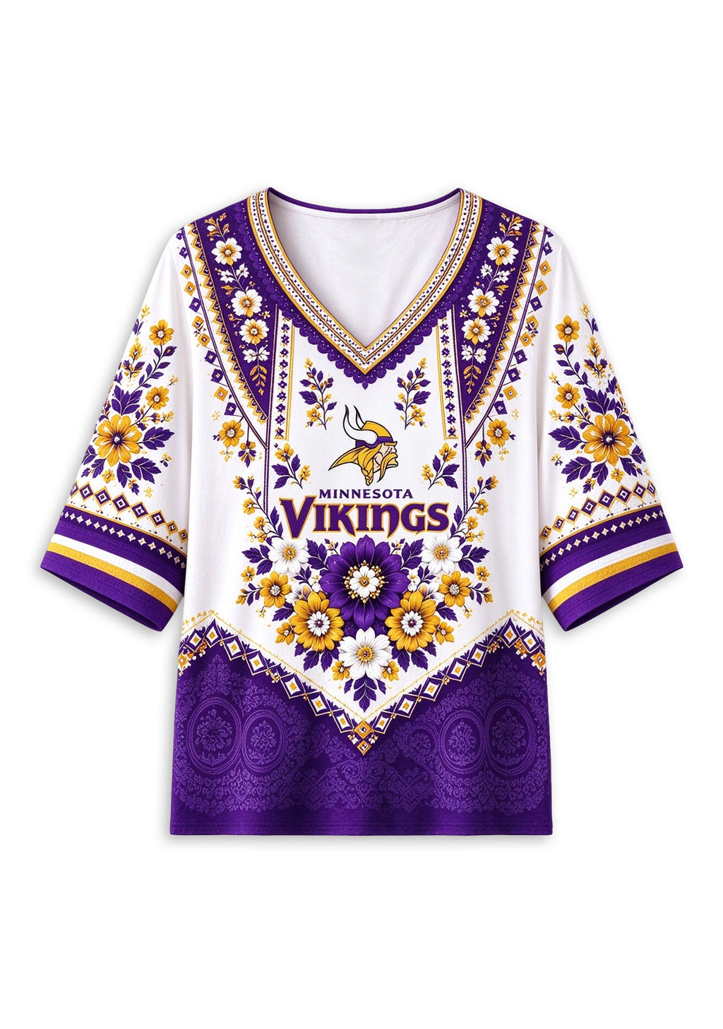 Women’s Minnesota Vikings Boho Floral V-Neck 3/4 Sleeve Shirt
