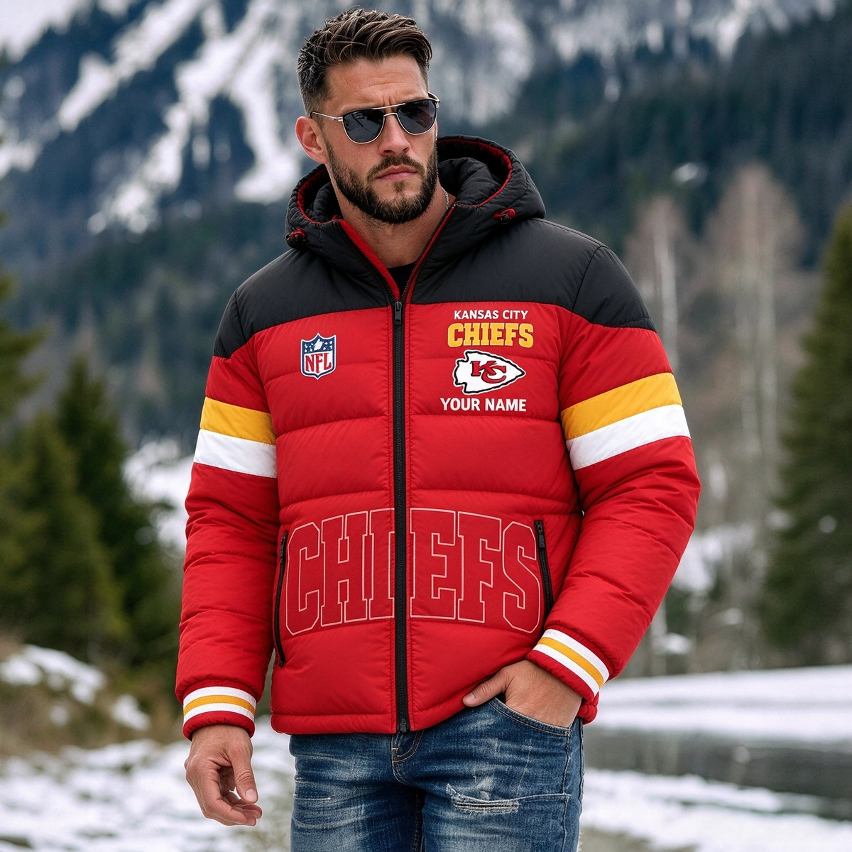 Kansas City Chiefs Hooded Color Block Puffer Jacket  Custom Name Gifts For Fan Main image